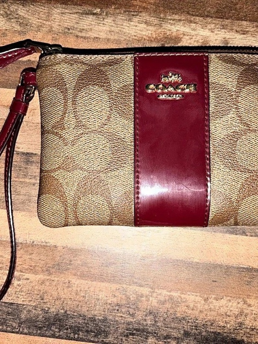 Coach Signature PVC Leather Corner Zip Wristlet F54460 Brown & Red